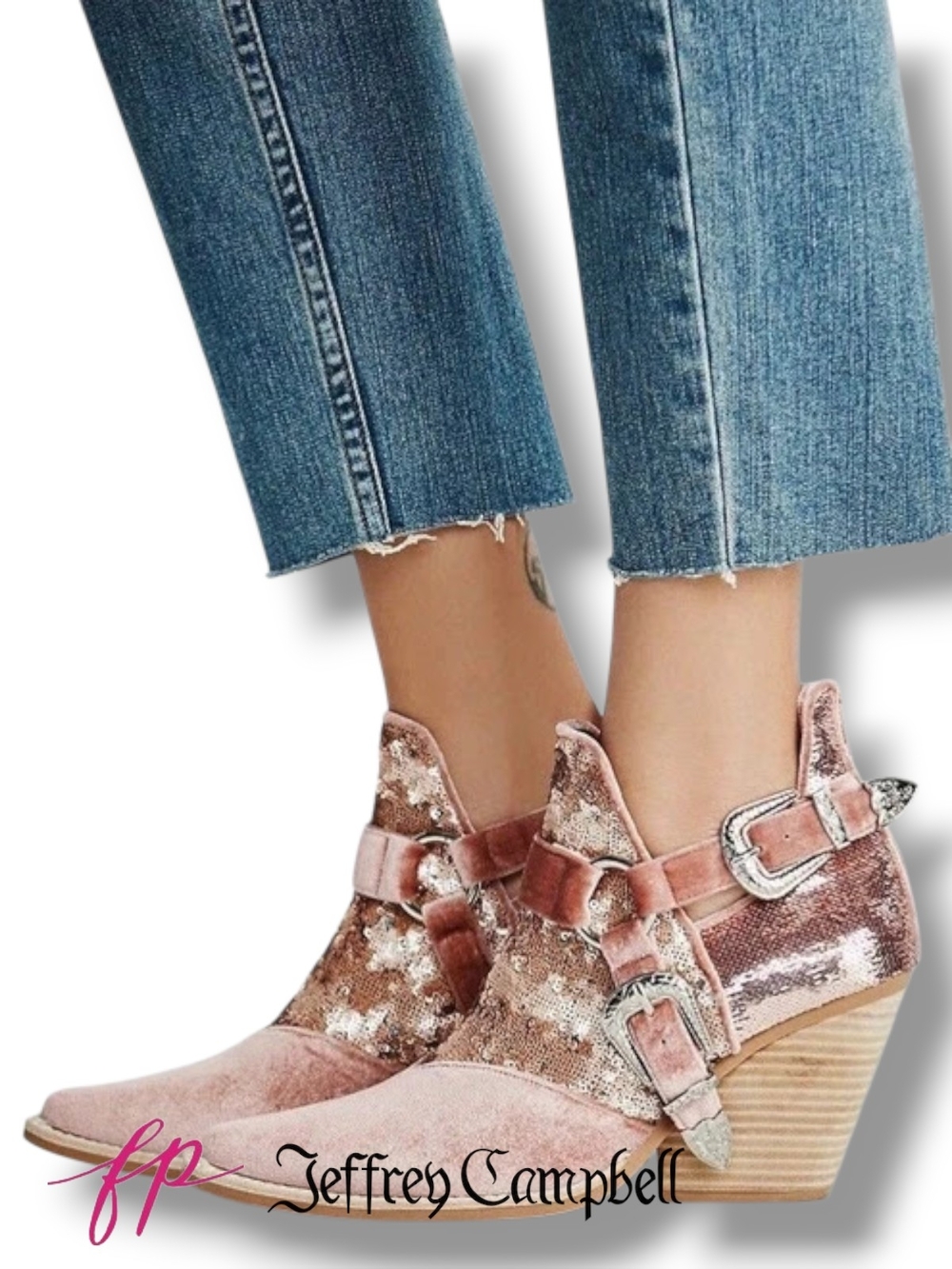 Jeffrey Campbell Free People Pink Sequin Velvet Icon Western Booties Size 10 - Picture 3 of 10